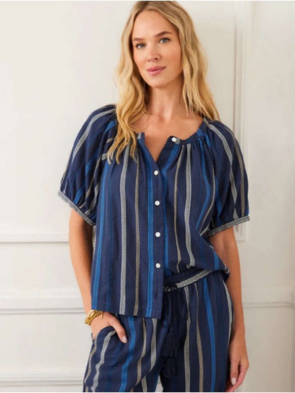 Karen Kane Striped Navy Button-Front Women's Top NWOT
